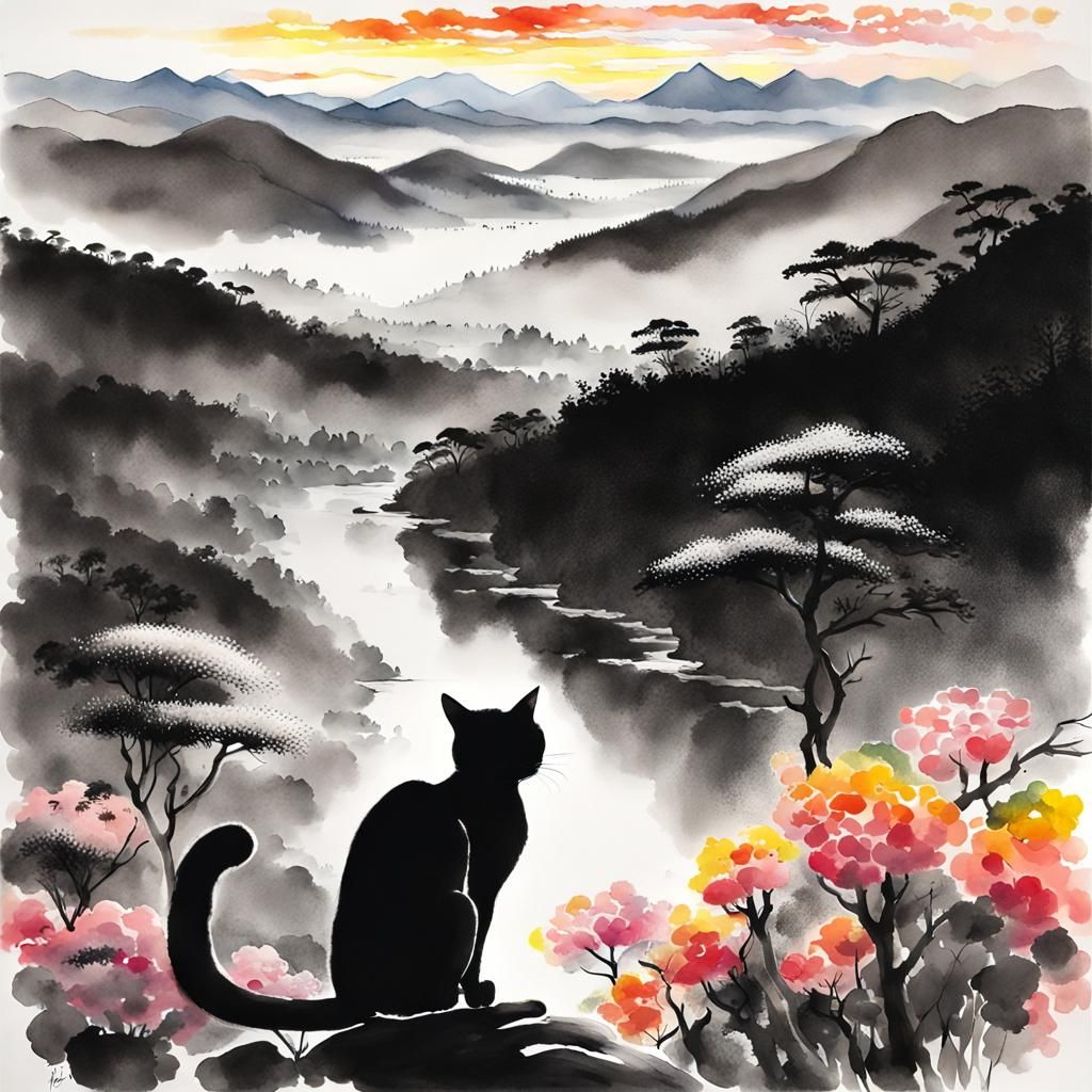 "Black and white ink painting" The cat looks at Pudacuo National Park in Yunnan, China, in the distance. ...  by @HIKER