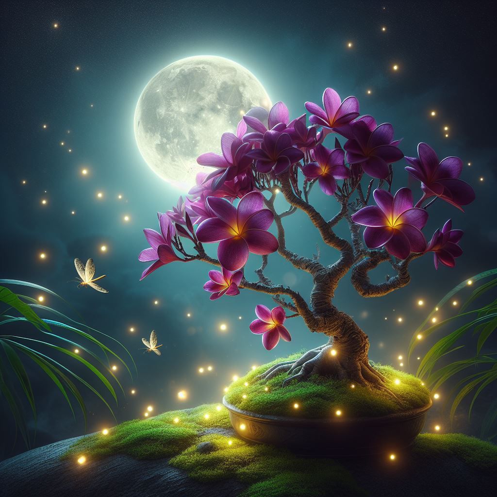purple-flowered plumeria bonsai