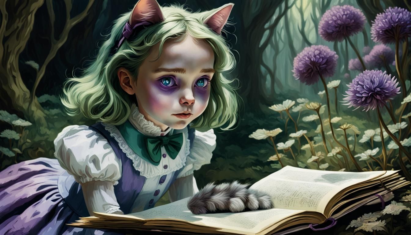Alice in Wonderland with Purple Cat, Impressionistic Style