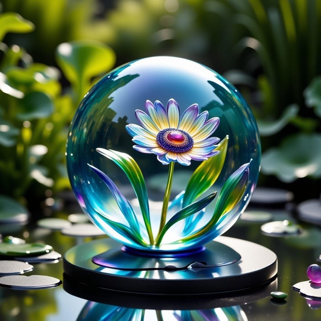 a gemstone daisy inside an iridescent glass orb, floating in a garden pond <lora:Smooth Statues:1.0> 