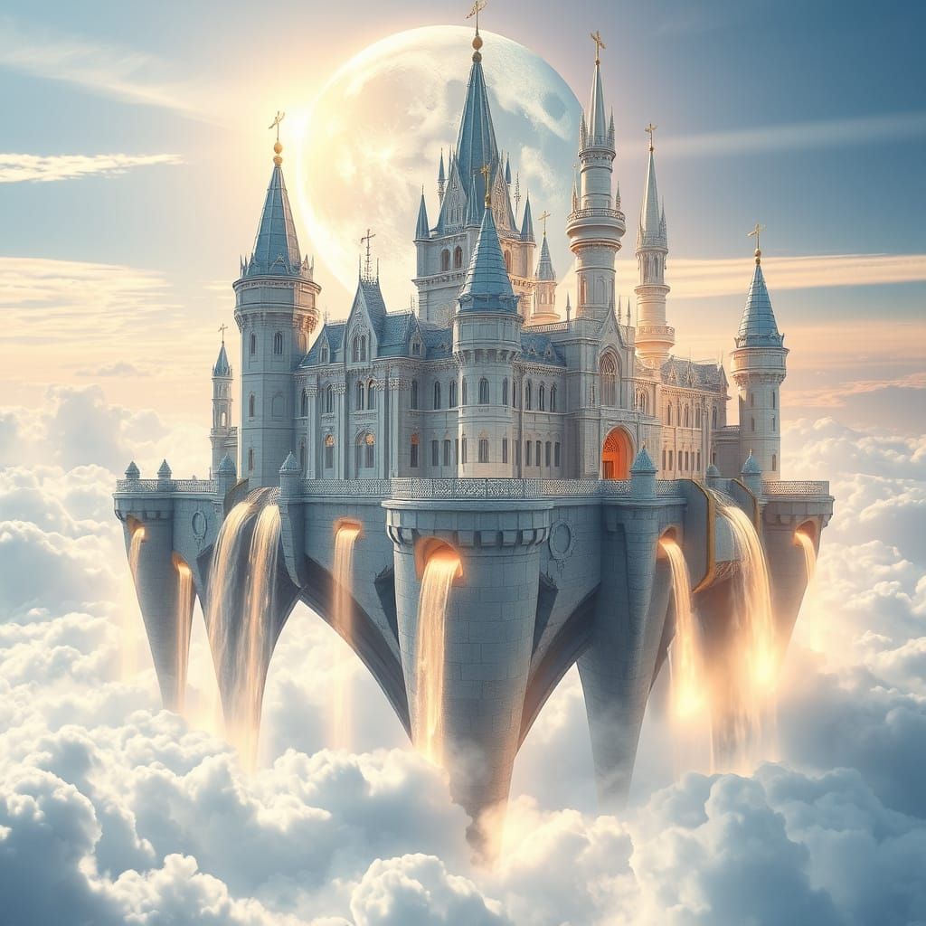 Floating castle of white marble and crystal drifting high above the clouds, glowing runes across the towers, waterfalls falling into the sky...