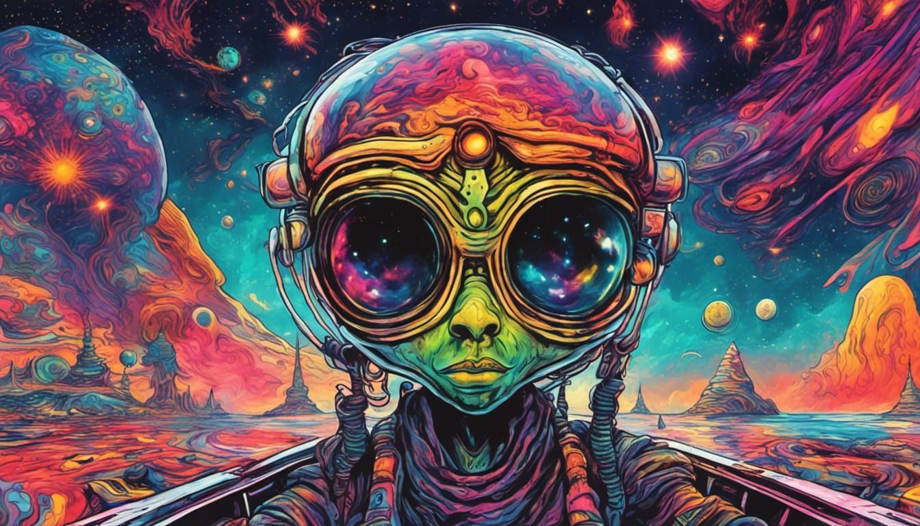 a psychedelic alien inside a psychedelic spaceship traveling...