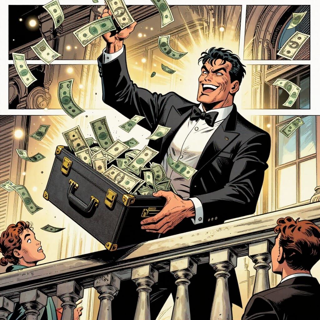 Wealthy Man Throws Money From Balcony in Comic Style
