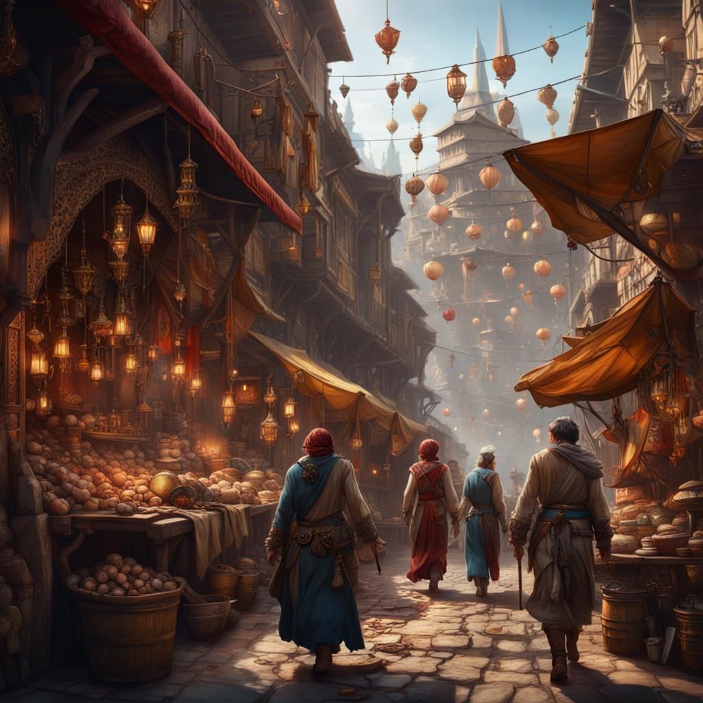 Two adventurers go through a bustling bazaar