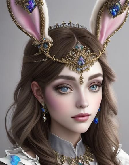 Fantasy portrait <lora:KBunny001:1.0> with luxurious opal gemstones and  bunny-tiara. imperfect ordinary, Pale young woman; round face; awkw...