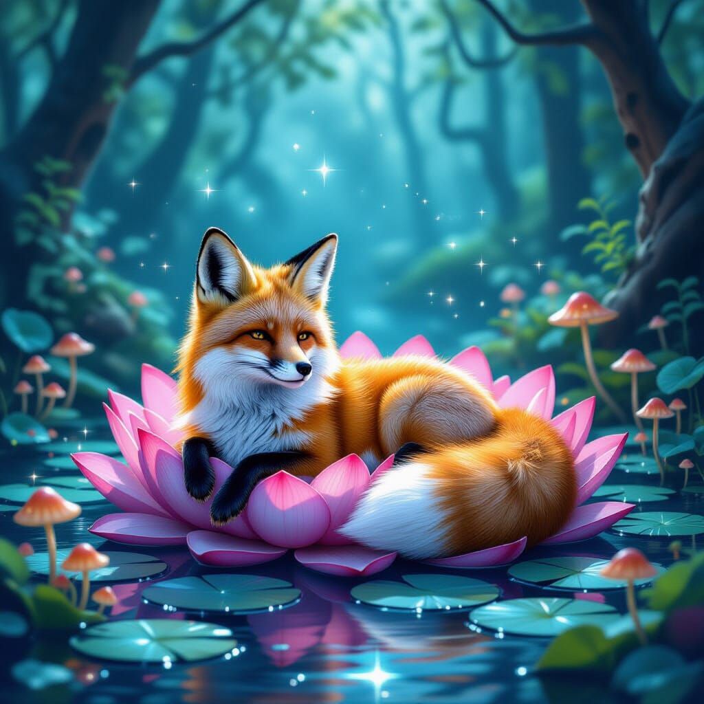 Fox Lounging in Bioluminescent Lotus Bed