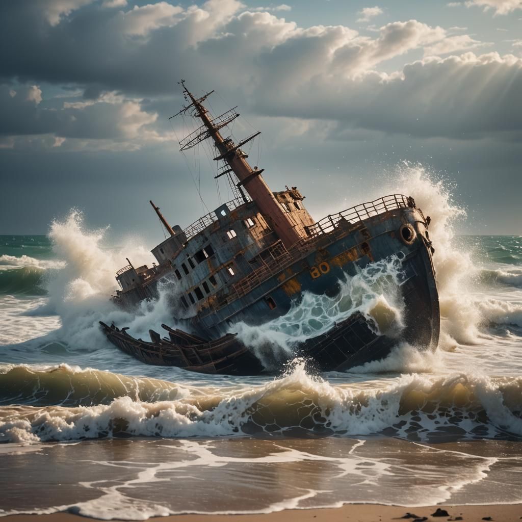Ocean waves splashing against an abandoned ship beached on shore. Professional photography, bokeh, natural lighting, can...