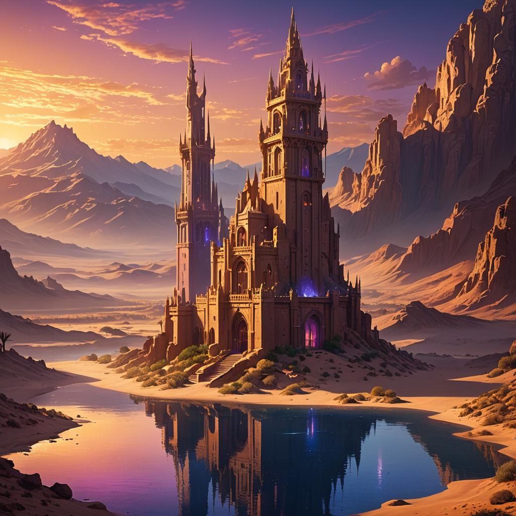 High fantasy epic desert tower, magical, magnificent, scenic desert
