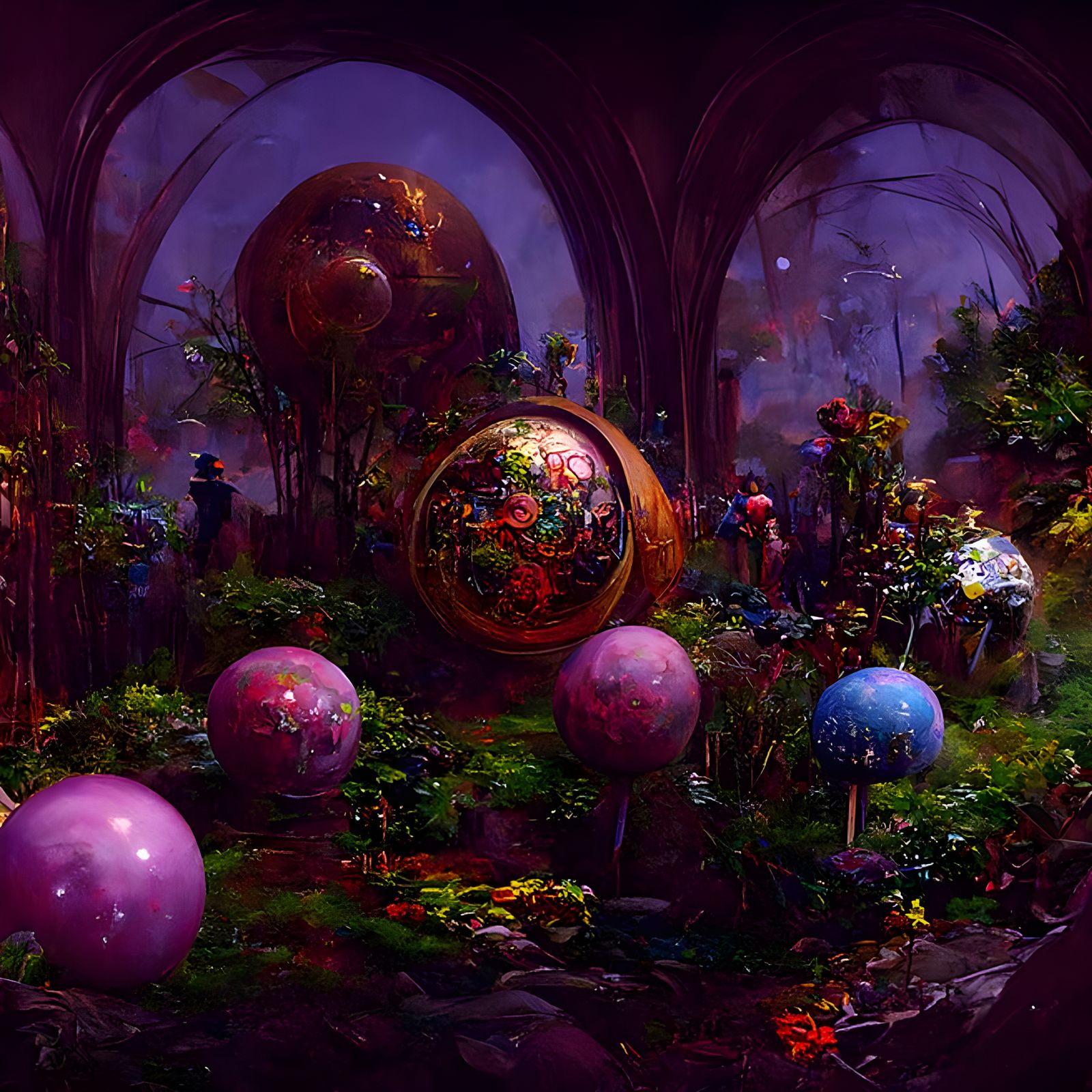 Whimsical Sphere Garden: A Detailed Fantasy Painting