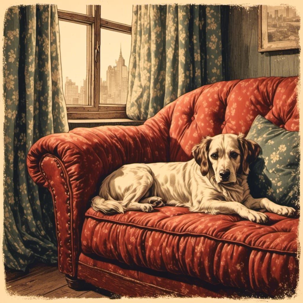 Dog curled up on a cozy sofa near a window. <lora:Vintagetuned:1.0> rustic, nostalgic, vintage illustration