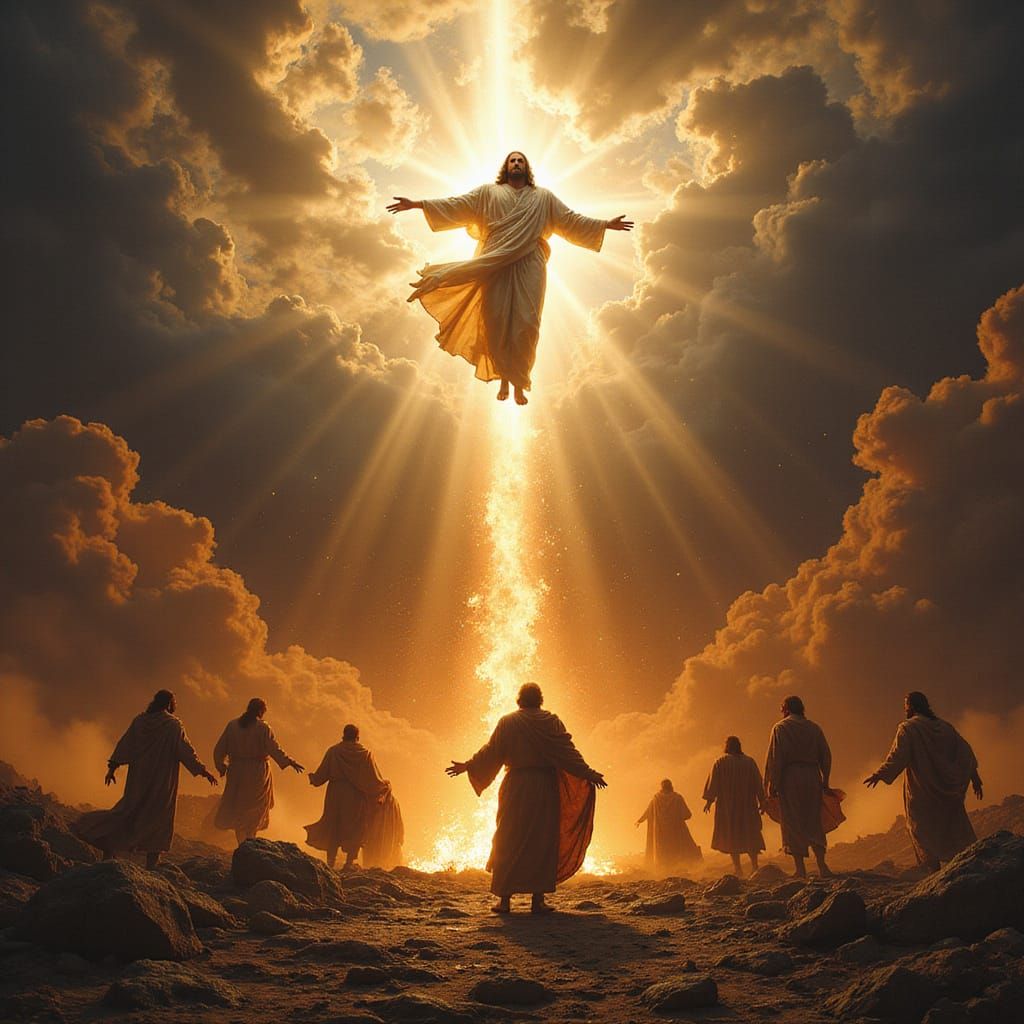 Jesus coming back to earth with brimstone and fire falling from the sky and he's in his heavenly light covering the ones who is good
