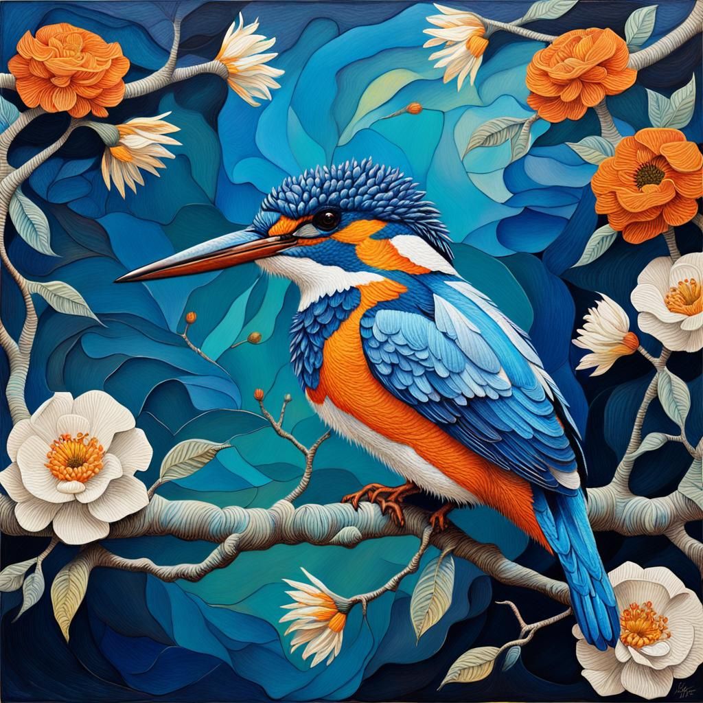 (a magnificent orange-blue-white kingfisher sitting on a tre...