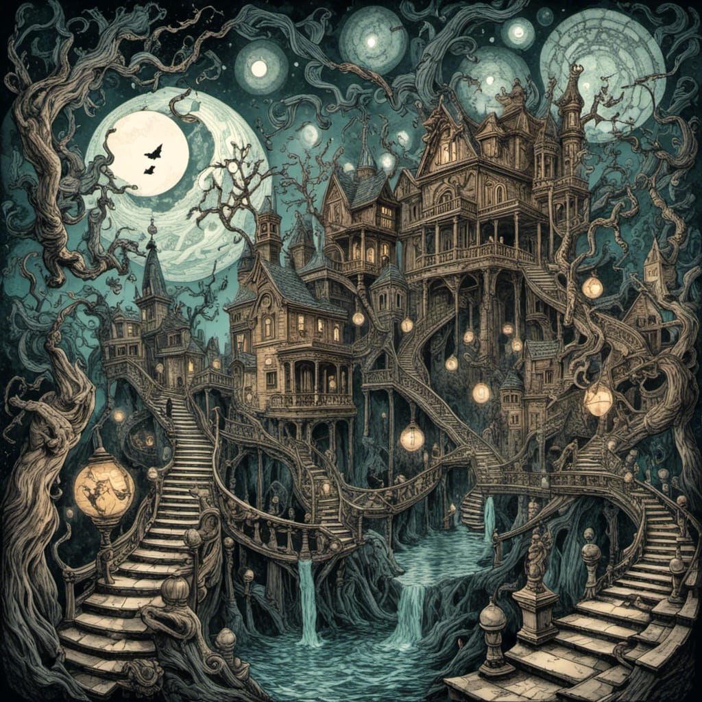 Water colored Nightmare Horror Ink Artscape inspired by a mix of MC Escher and Edgar Allen Poe, hyperdetailed. <lora:Eschers Poe:1.0> 