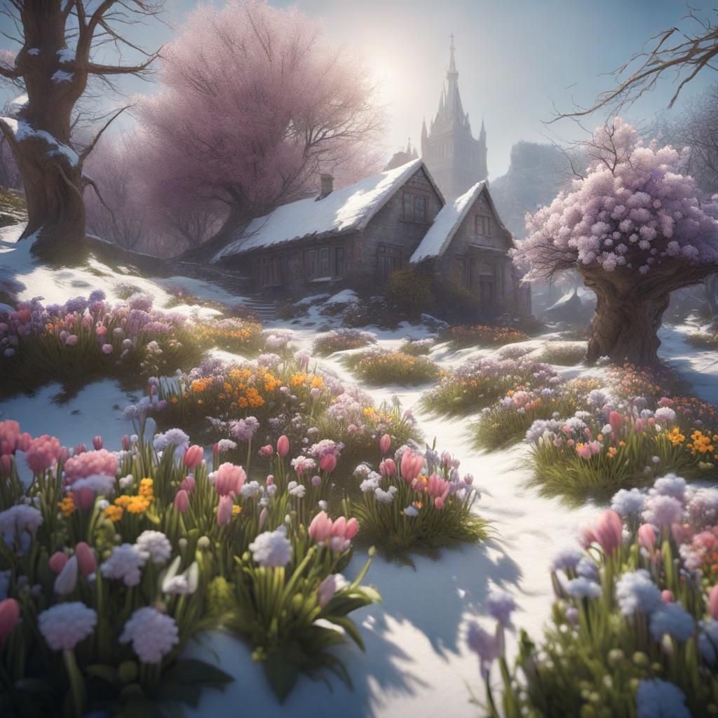Spring Flowers Coming Through the Last Winter Snow Epic cinematic brilliant stunning intricate meticulously ...  by @Ringking 1978