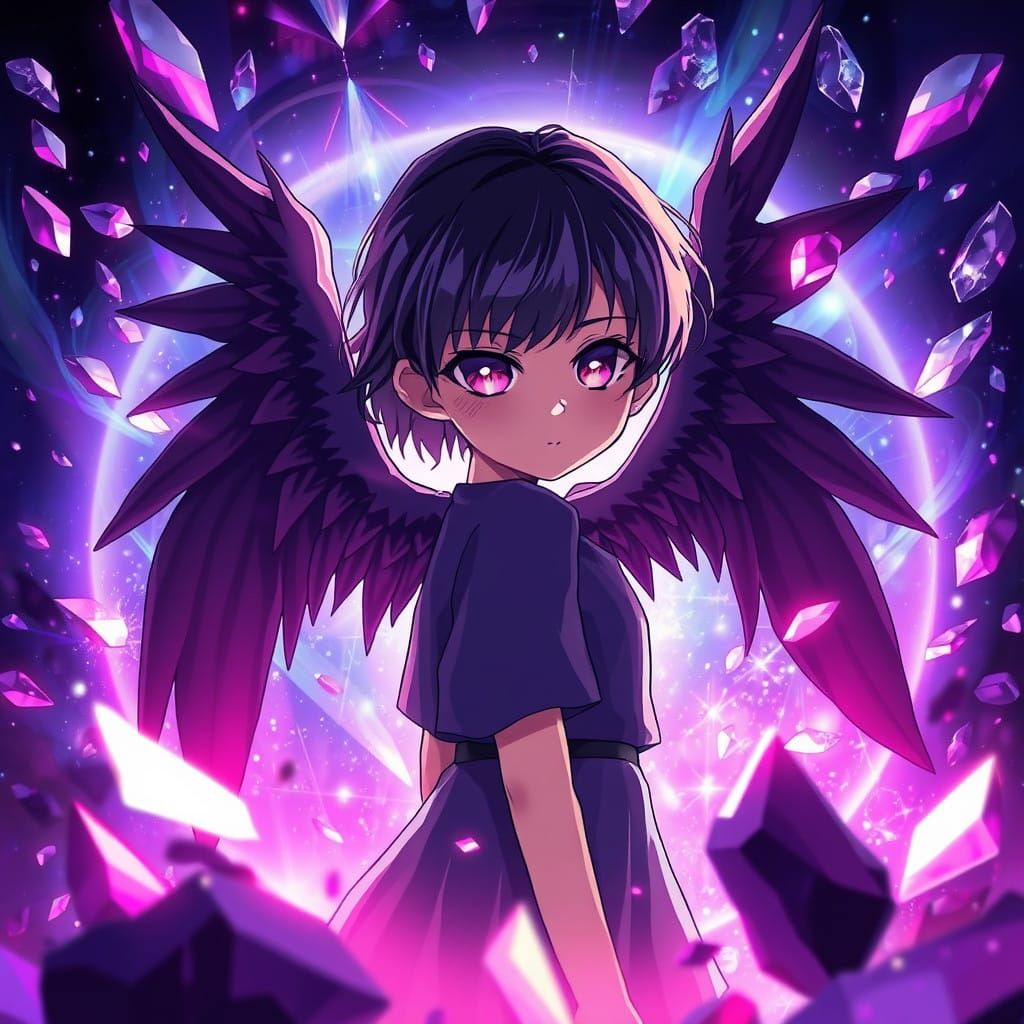 Dark Anime Girl with Raven Wings and Amethyst Aura