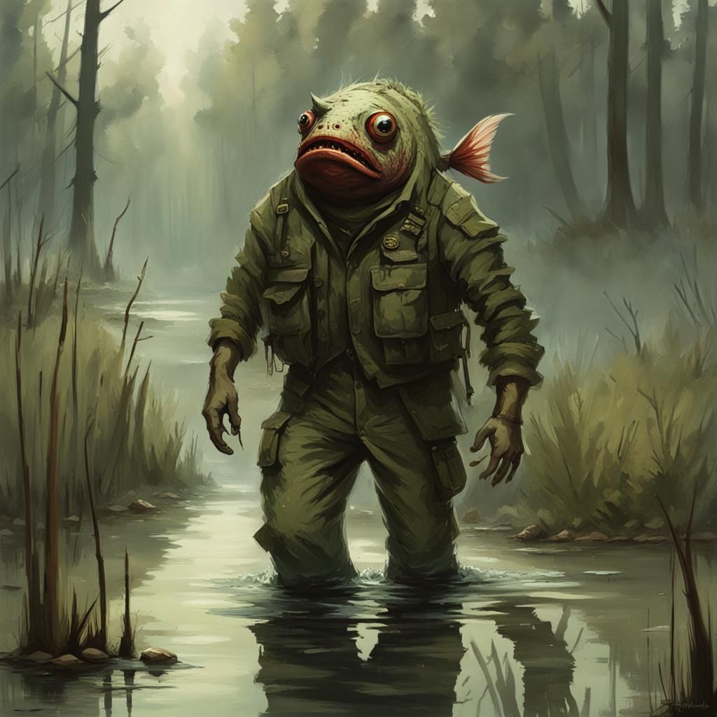 humanoid fish monster dressed in army clothes walking in a swamp - AI ...