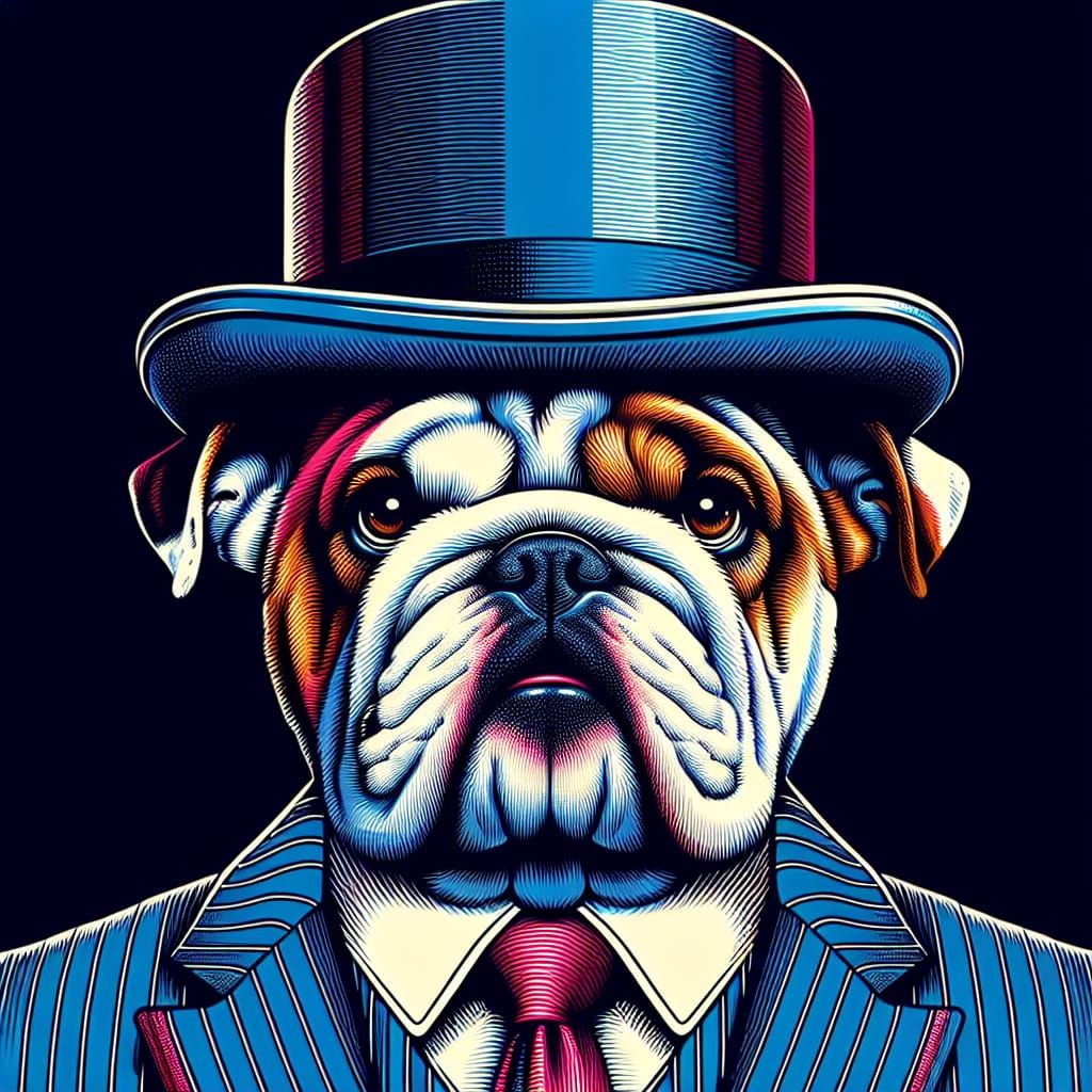 english bulldog with a top hat and a suit on