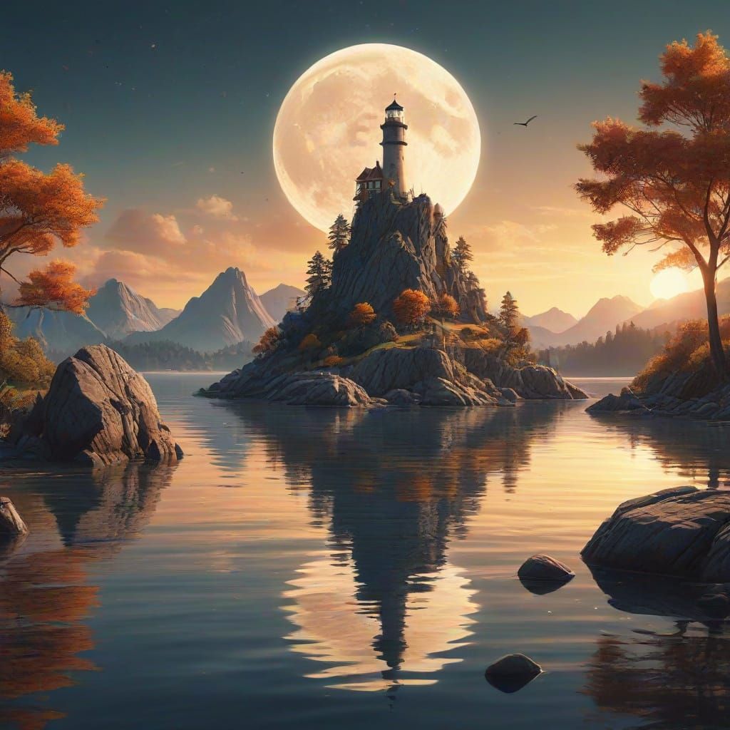 inside a huge stone hand is a lake with an island in the middle. on the island is a lighthouse, the beam of which illuminates the surroundin...