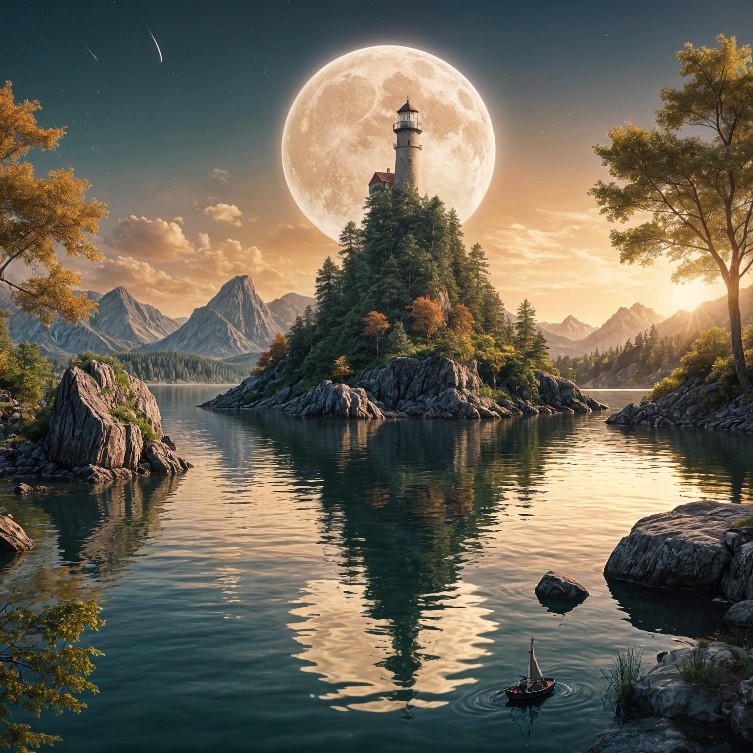 inside a huge stone hand is a lake with an island in the middle. on the island is a lighthouse, the beam ...  by @Zacharo