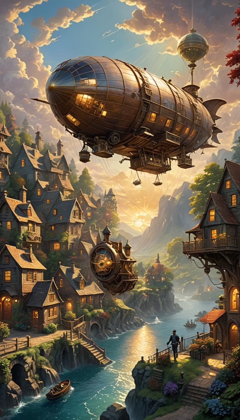 Steampunk airship flying over a Fantasy landscape portholes ...