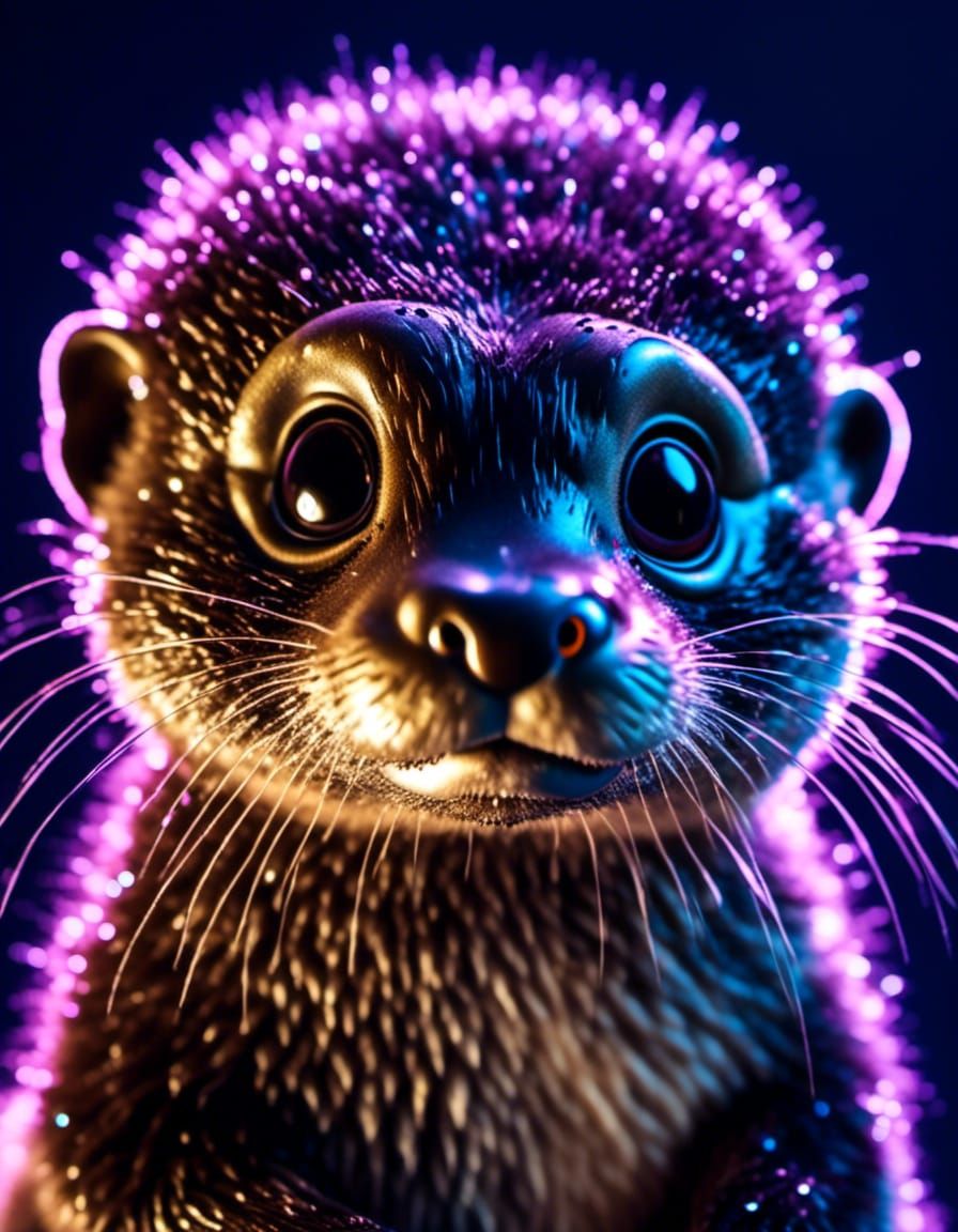 "Close-up Microphotograph: Excited wide-eyed baby Otter (Lamp Eyes)- Large glowing eyes, with UV Blacklight fur Confident Fuzzy:- <lora:Bear...