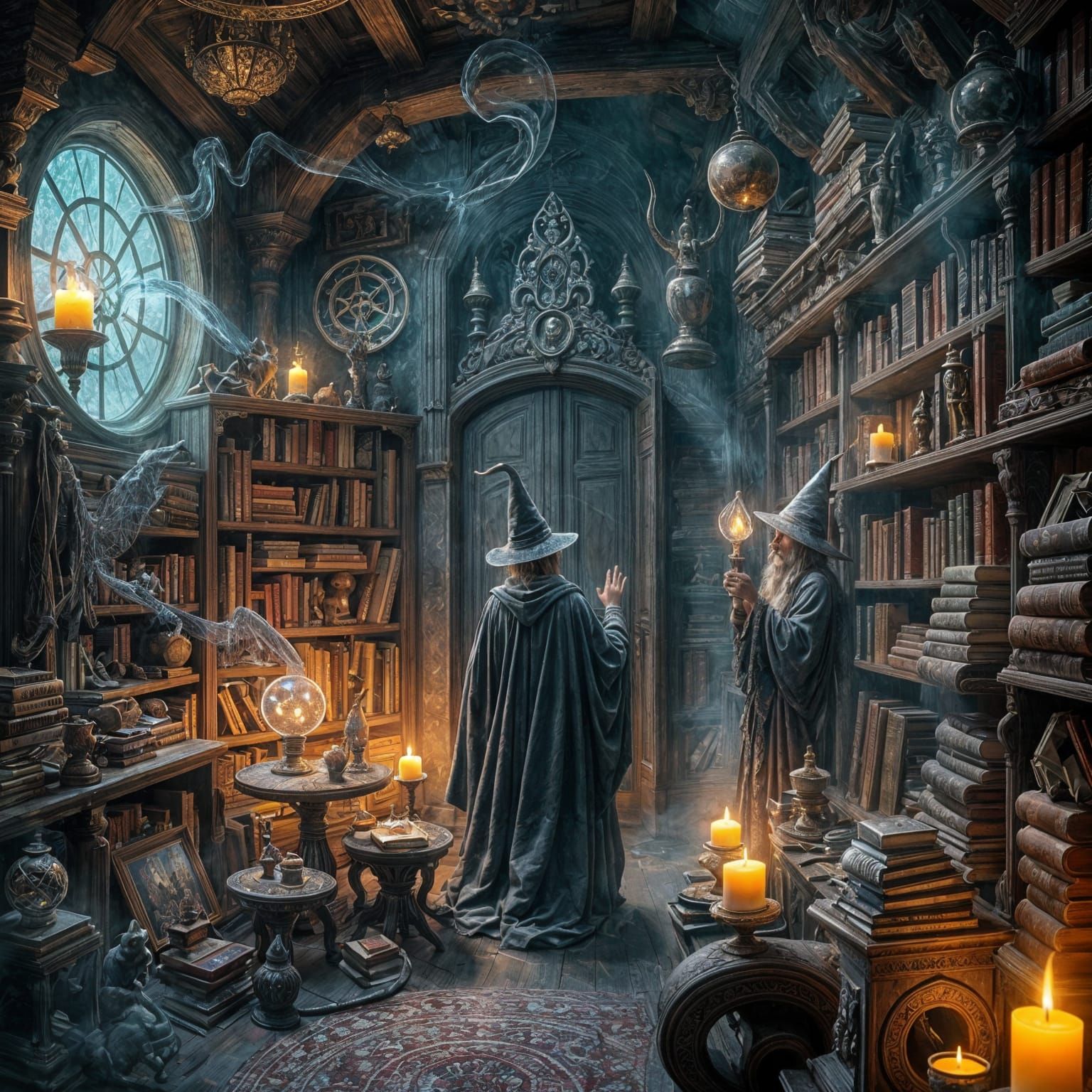 Depict a mystical, cluttered room filled with all kinds of magical items. Enchanted bookshelves, glowing ...  by @Stefan Wiechert