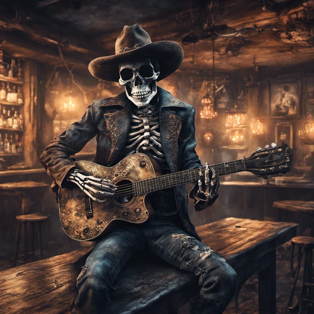 A realistic skeleton dressed as a cowboy playing guitar in a seedy desolate grungy bar room 


  by @Lynn