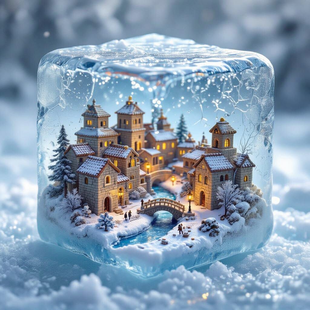 עולם מיניאטורי בתוך קוביית קרח רגע לפני שהיא נמסה, עשוי בפרטים אינסופיים וברמת חדות על־טבעית.