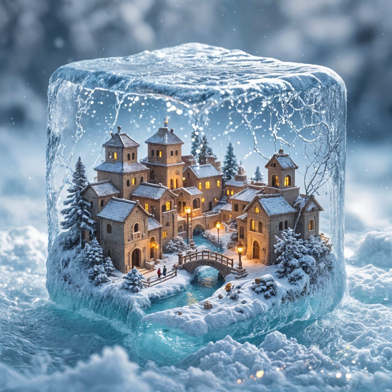 Miniature World Trapped in Melting Ice Cube