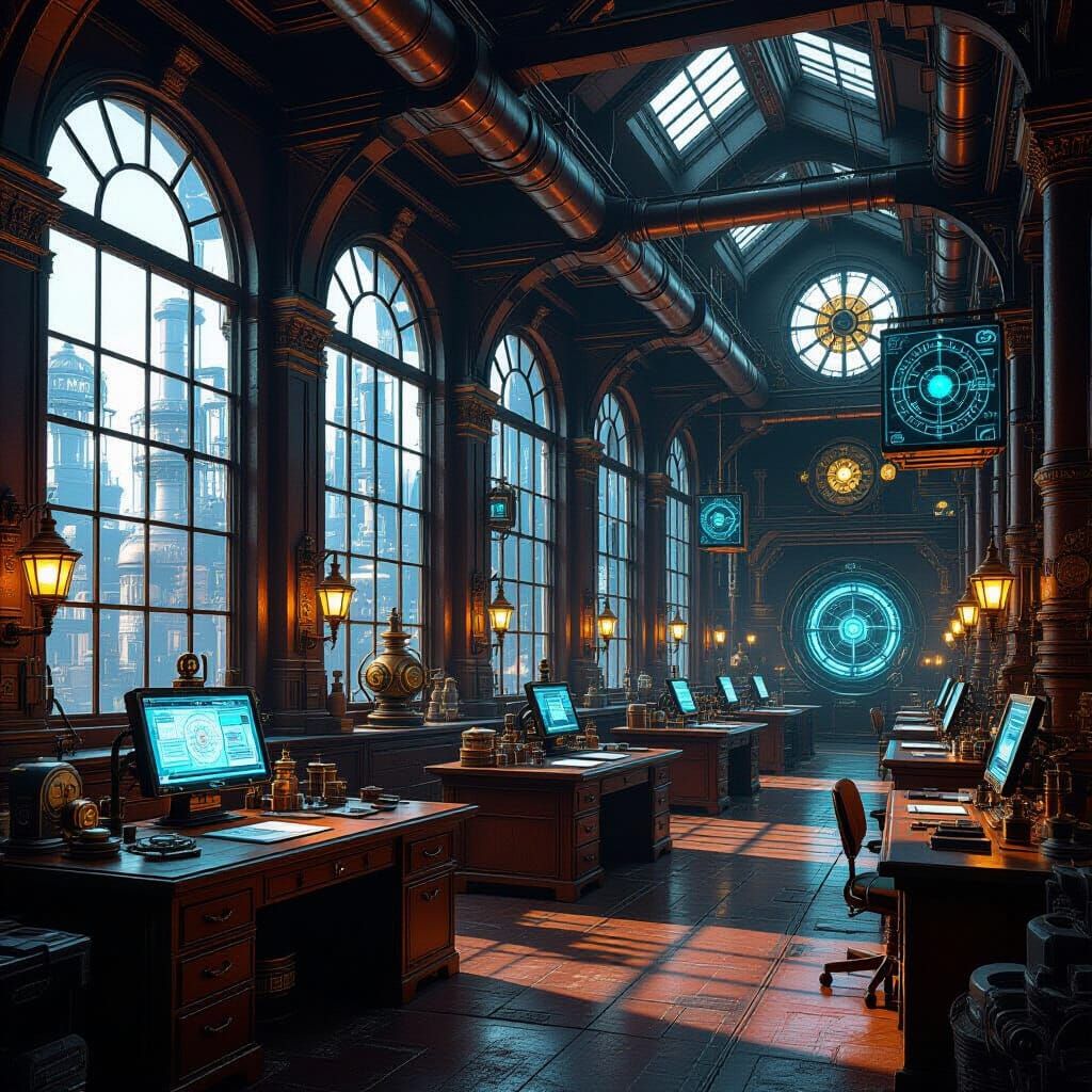 A steampunk factory with enormous Windows and dark brown wooden benches filled with clockmakers tools 
with  futuristic AI interfaces, surro...