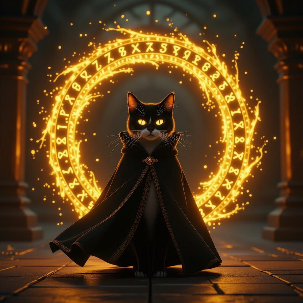 Animate the cat’s cloak gently flowing as if caught in a mystical breeze. The golden magical portal should swirl and expand, with flickering...