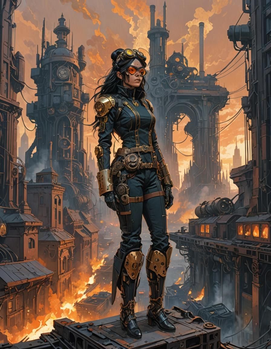 Steampunk Woman in Dystopian Cityscape