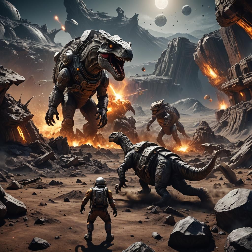 Fighting in  the sphere on the moon.
Mechanical Dinosaurus   by @Aadje56 
