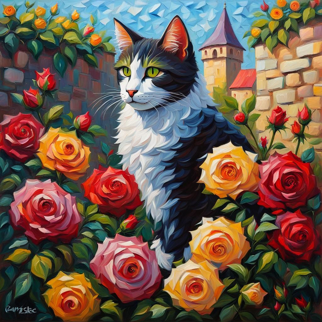 Cat, With Roses