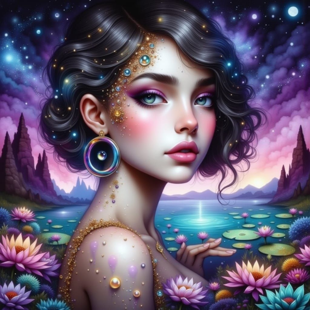 <lora:Watercolor Moods:1.0> <lora:AmongTheDark:1.0> <lora:Fae:1.0> <lora:Water-Digi Ink v2:1.0> Beautiful fairy with a (gold tiara) sits (fa...