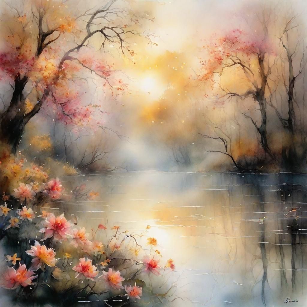 Misty Lake: Watercolor Art in Surreal Style