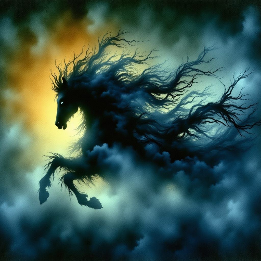 Mysterious impressionistic water color showcasing the small and windswept dark diaphanous silhouette of a horse chasing the sky)), backlit f...