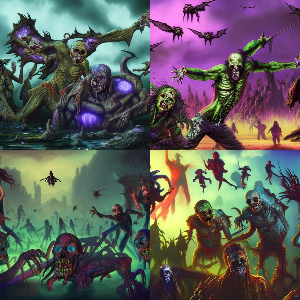 zombie skull people flying monsters and a group of heros wit...