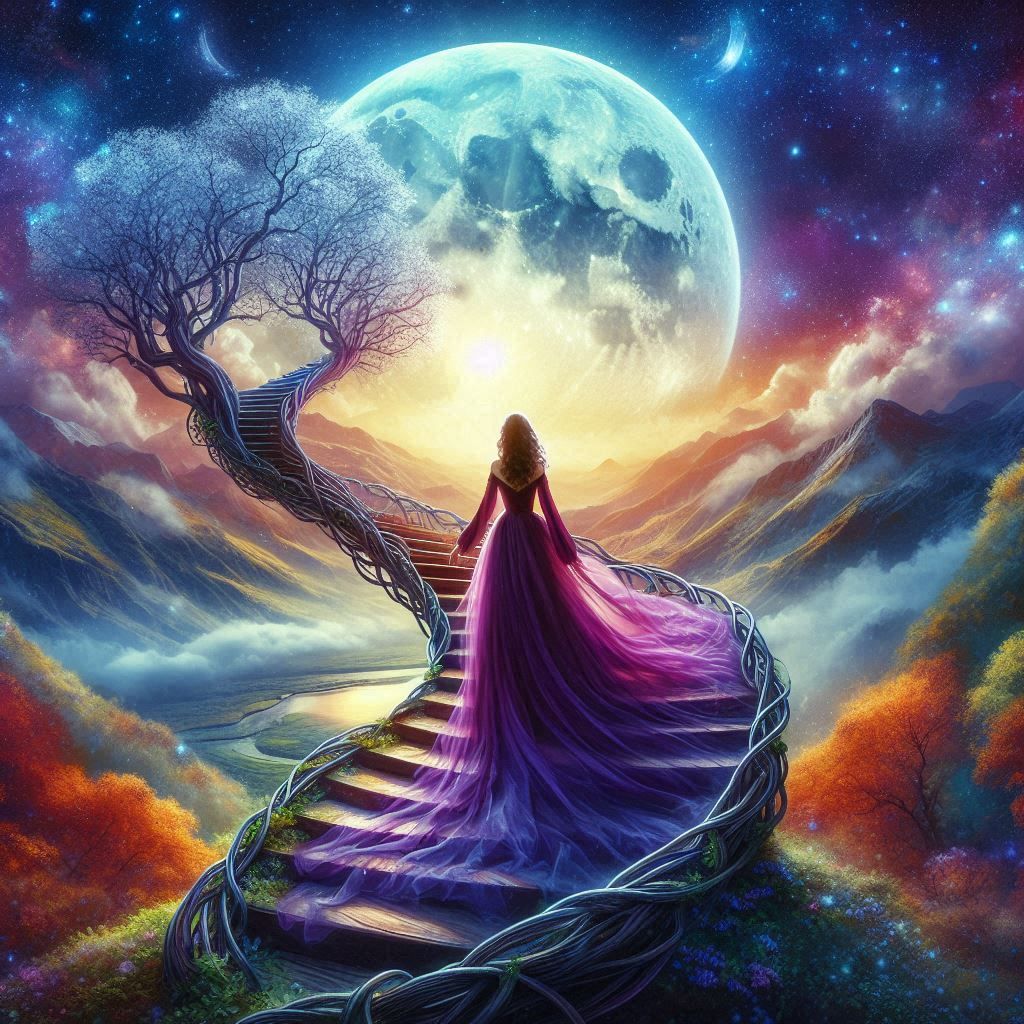 woman on a staircase to the moon.