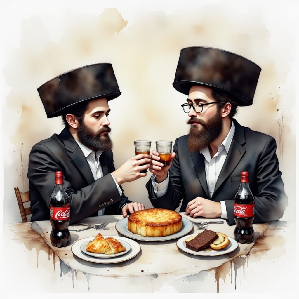 Joyful Hasidic Men Raise Cups in Toasting L'chaim