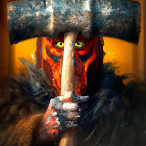 demon man with deep blue eyes  red face  wearing a  orange a...