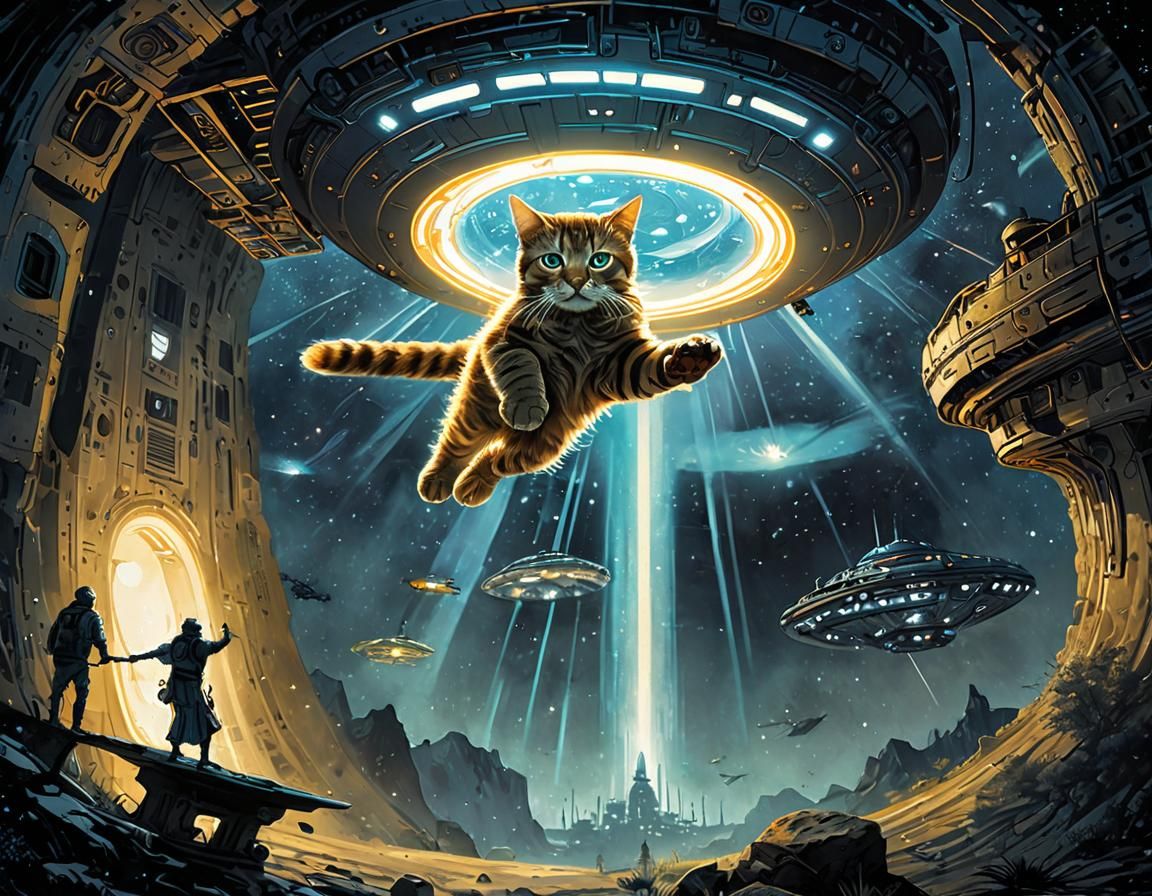 a cat being abducted in beam of light into the UFO 