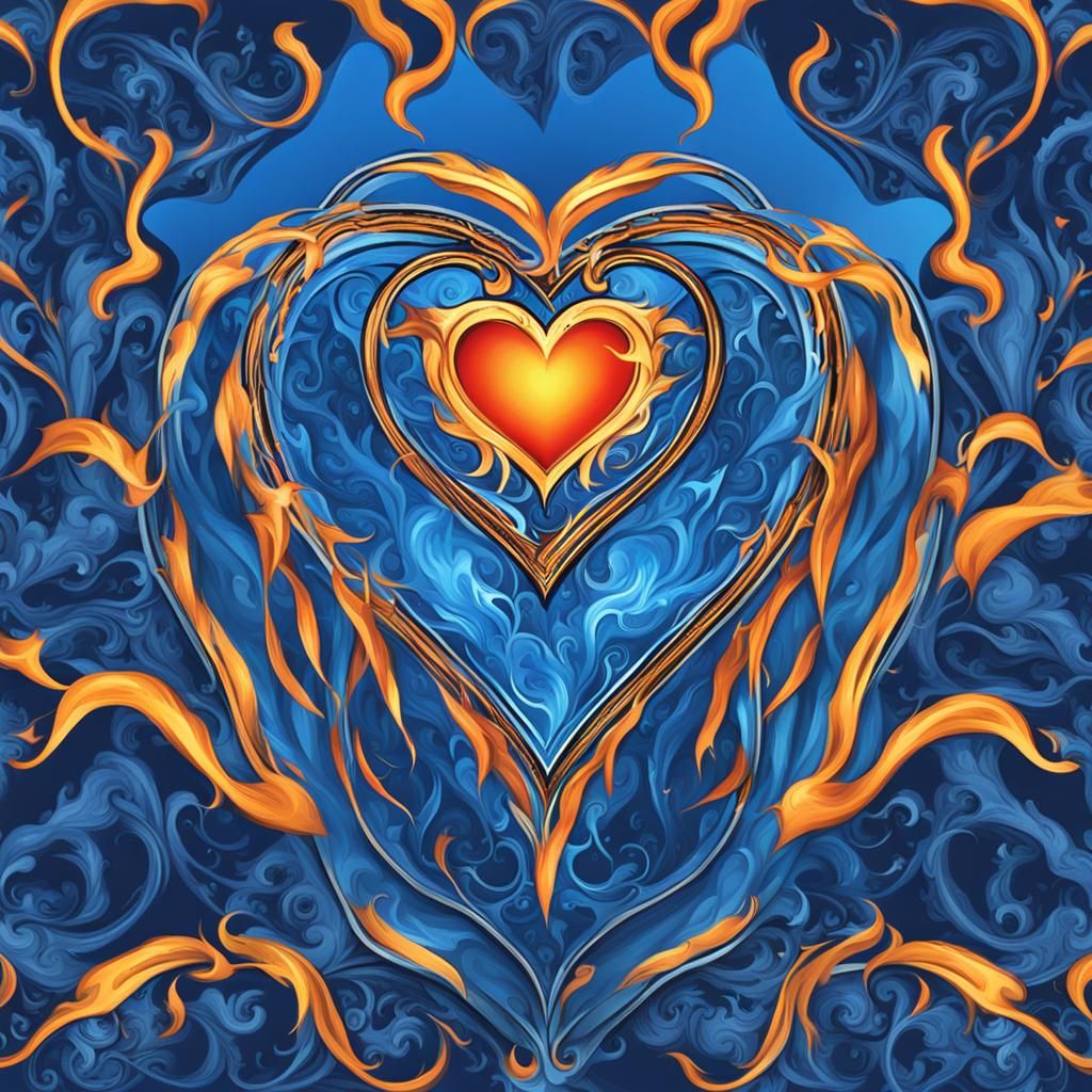 Blue heart with flames around it