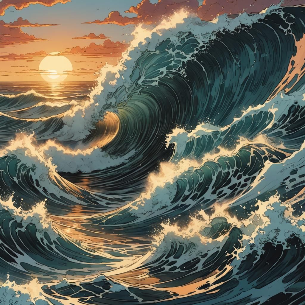Round image of a big wave breaking with the sunset in the ba...
