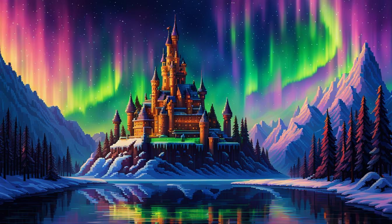 Pixel art castle under the northern lights  by @Robot Librarian