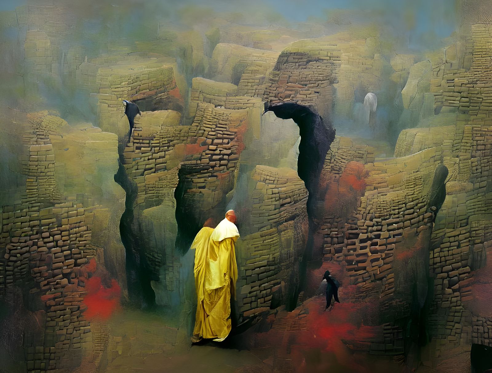 A monk walking through deep canyon walls, by Zdzisław Beksiń...