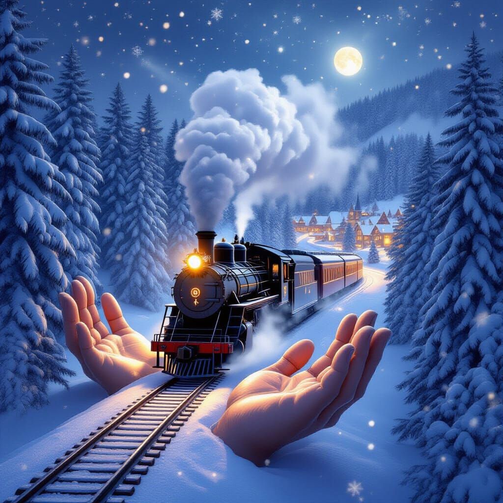 Steam Train in Magical Winter Landscape Held by Giant Hands