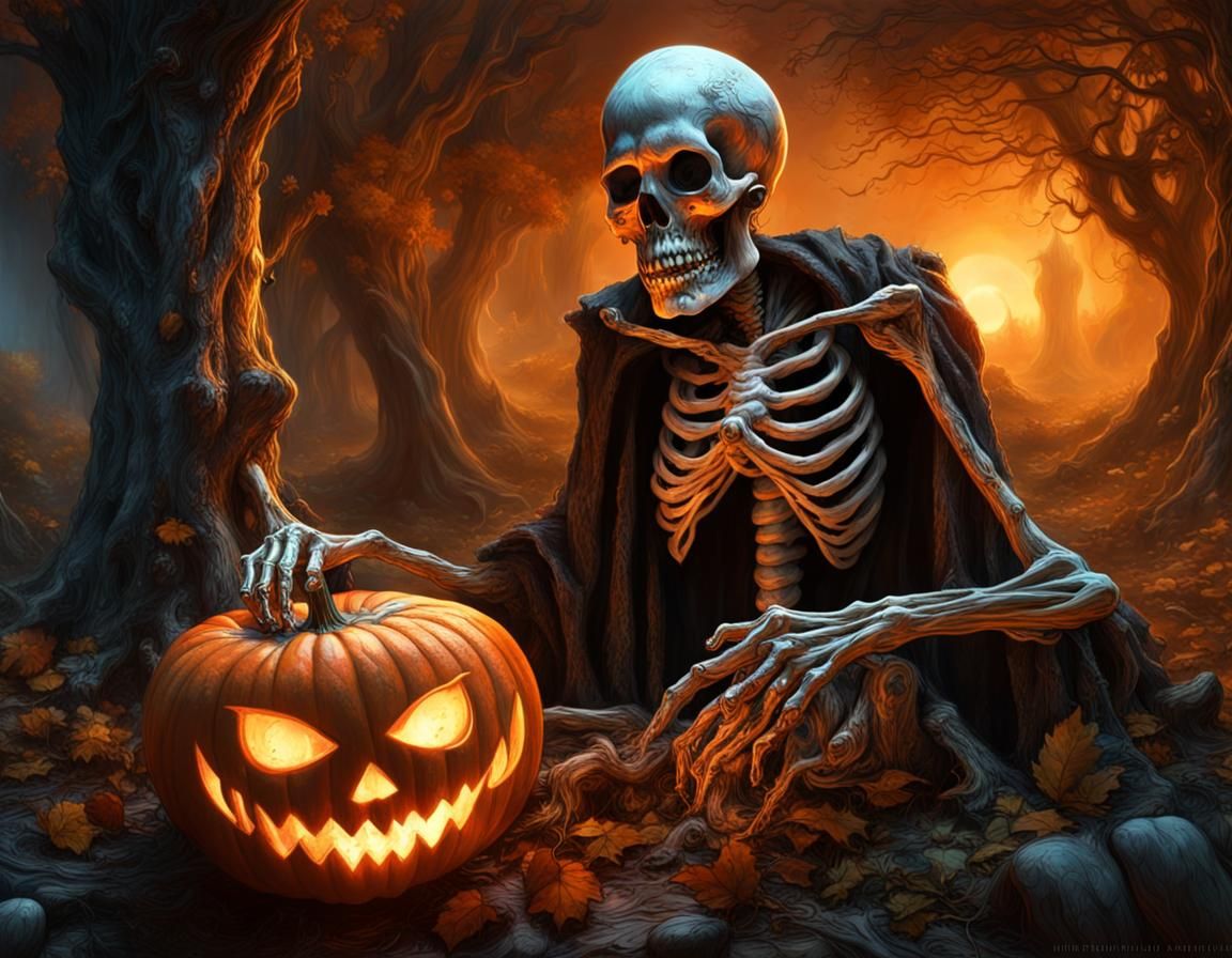 Jack-o-lantern and Skeleton - AI Generated Artwork - NightCafe Creator