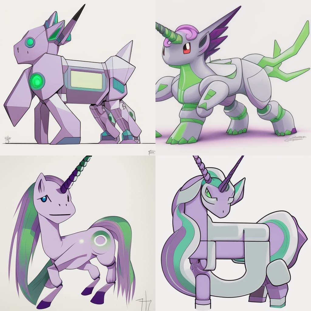 unicorn pokemon purple and green two horns one robotic hoof ...
