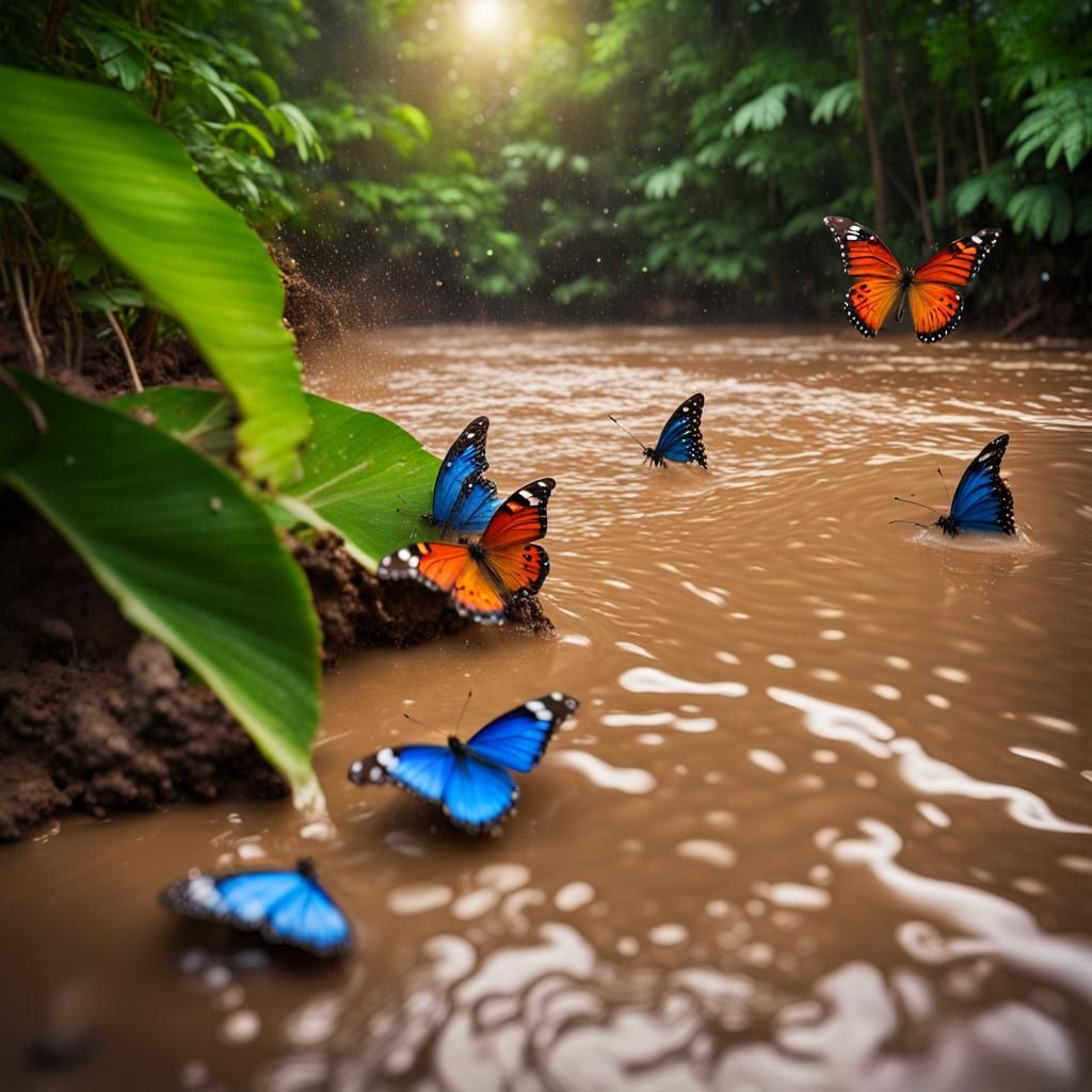 Tropical jungle river with butterflies
